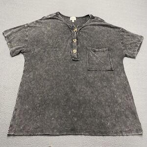 BKE Shirt Womens Large Gray Waffle Knit Henley Tunic Short Sleeve Relaxed Fit
